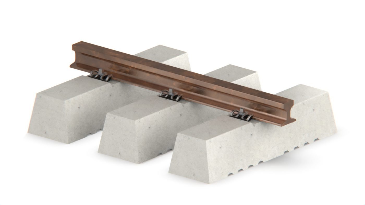 Crane rail on concrete sleepers in a ballast bed supplied by Inform Rail